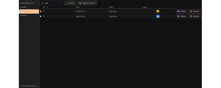 Projet Portfolio : page admin section technologies recherche  